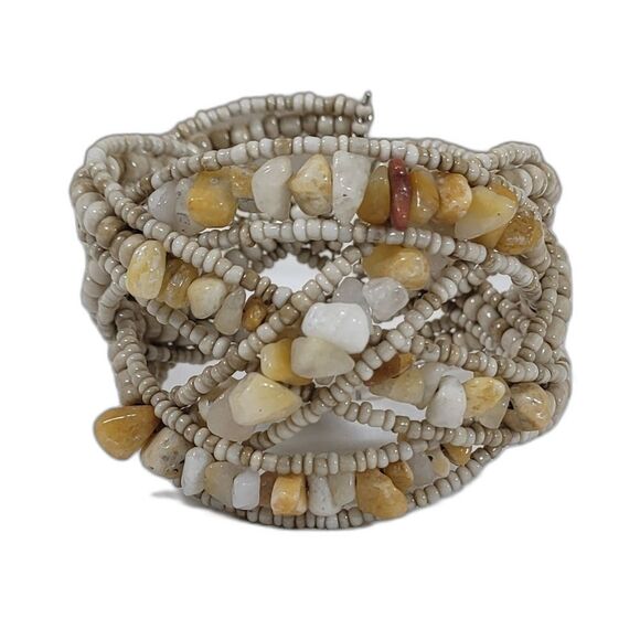 Jewelry - Beaded Wrap Cuff Bracelet Tan Cream Excellent Stone Chip Boho